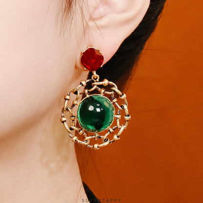 Red and Emerald Hoop Earrings